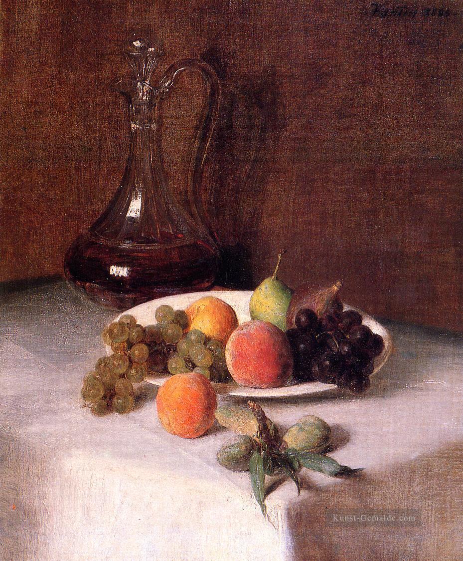 eine Karaffe Wein und Obstteller auf einem weißen Tischdecke Henri Fantin Latour Ölgemälde